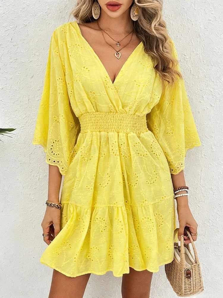 Women's Yellow V-Neck Half Sleeve Dress Eyelet Embroidery Smocked Waist Ruffle Short Dressl Summer Beach Vacation Party Dress