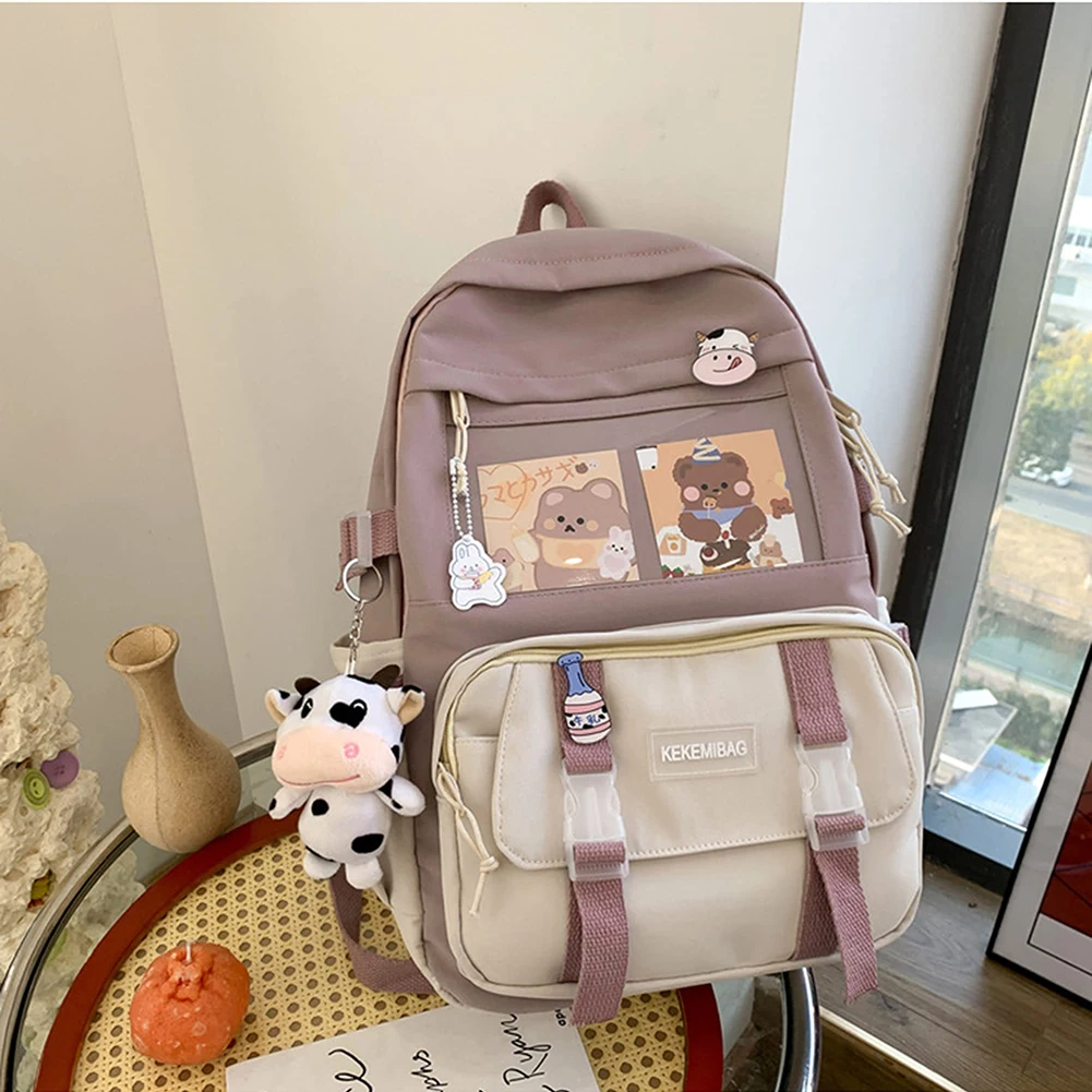 2023 New Harajuku Canvas Bookbag Japanese Contrast Color Teen Girls Backpack Preppy Style Student Aesthetic Mochila with Pendant