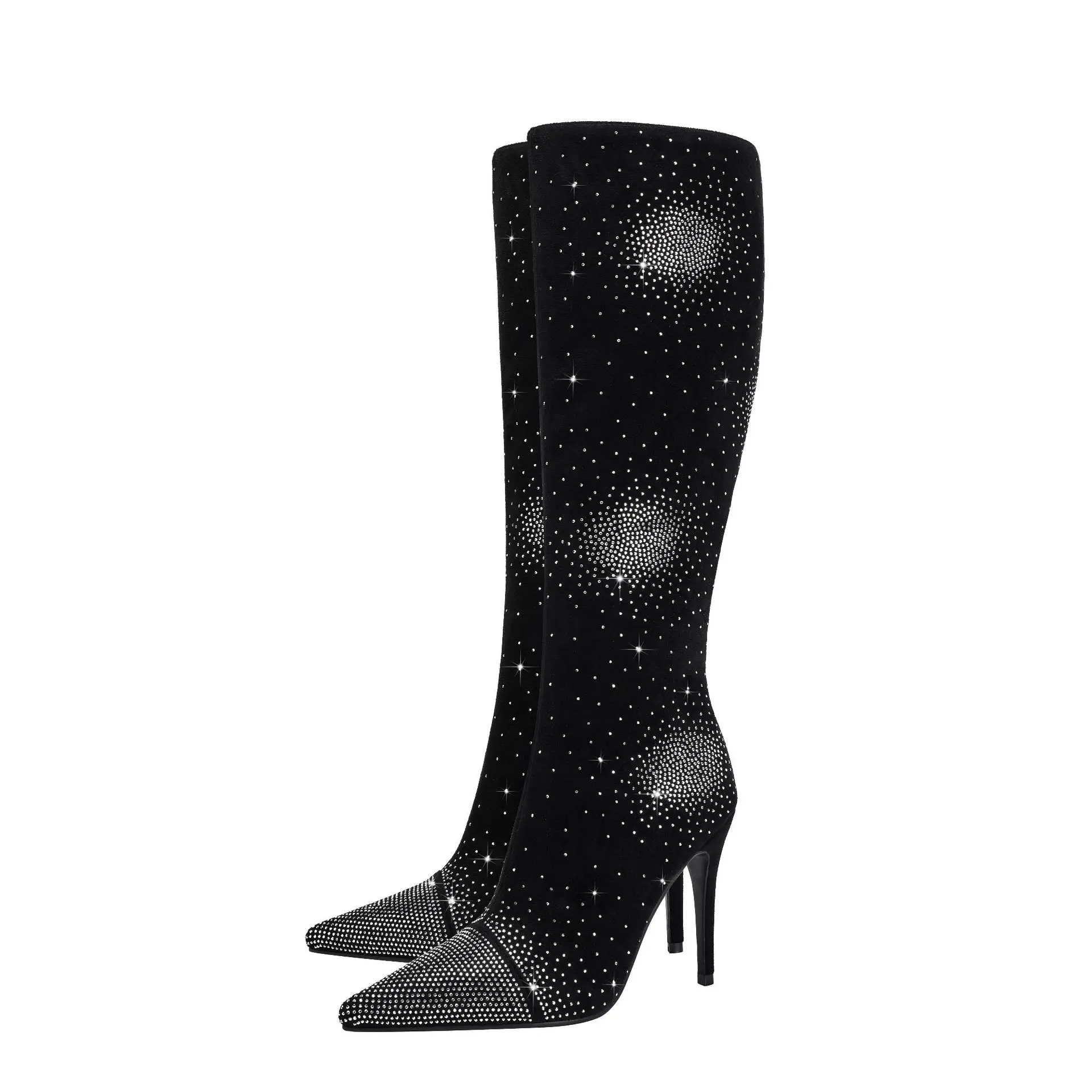 

Black Suede Leather Knee High Boots Women Pointed Toe Thin High Heel Crystal Bling Bling Autumn Long Boots Woman's Shoes