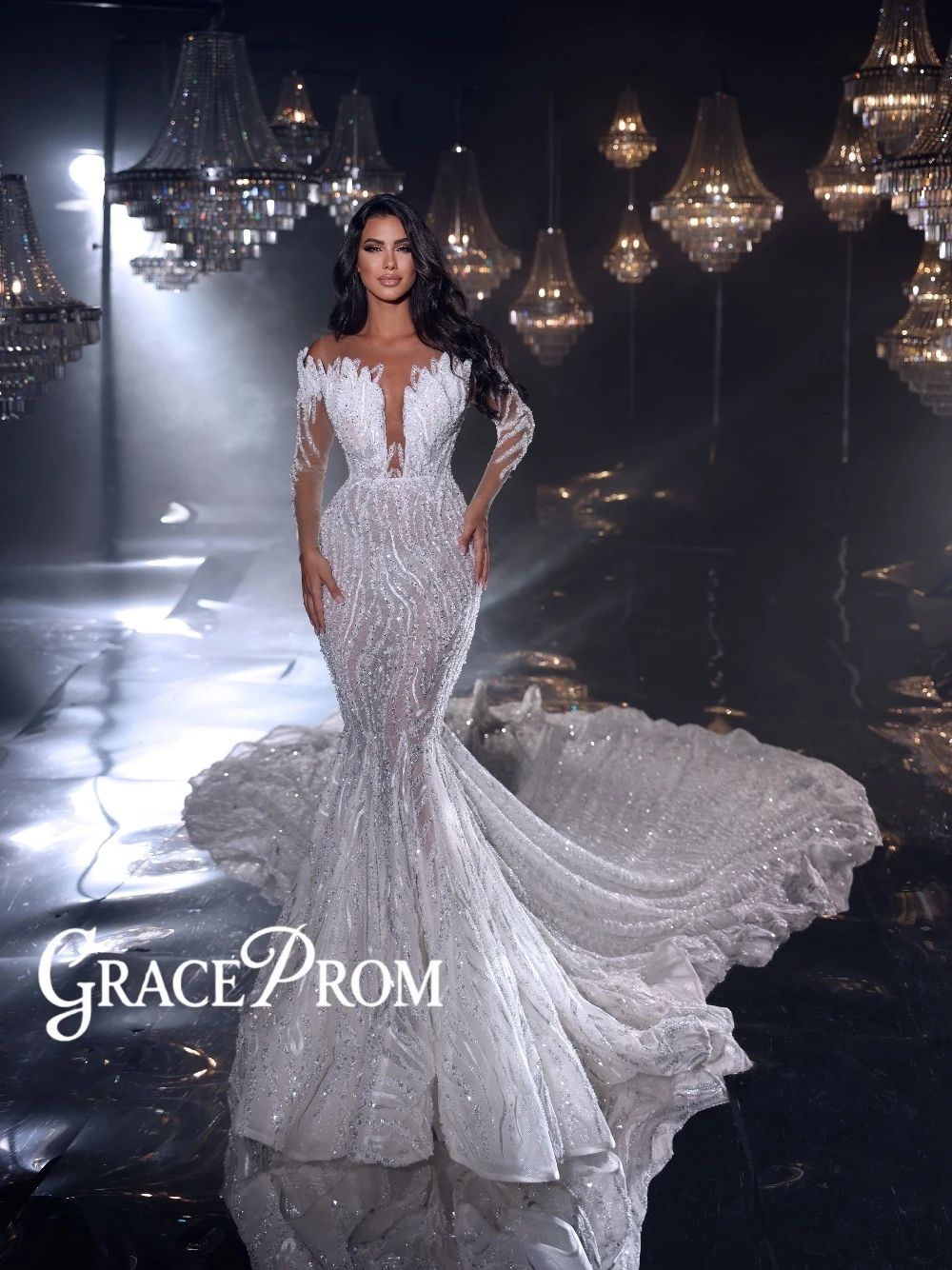 Dazzling Mermaid Wedding Dress Off Shoulder Plunge Neckline Customized Bridal Gown Sexy Modern Richly Floor-length Bride Wear