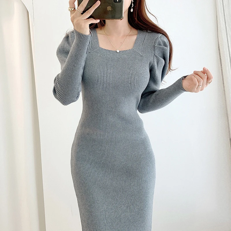 

Autumn Korean Warm Elegant Dresses Thick Solid Knitted Winter New Clothing 2022 Woman Sweater Dress Women Vintage Vestido Femme