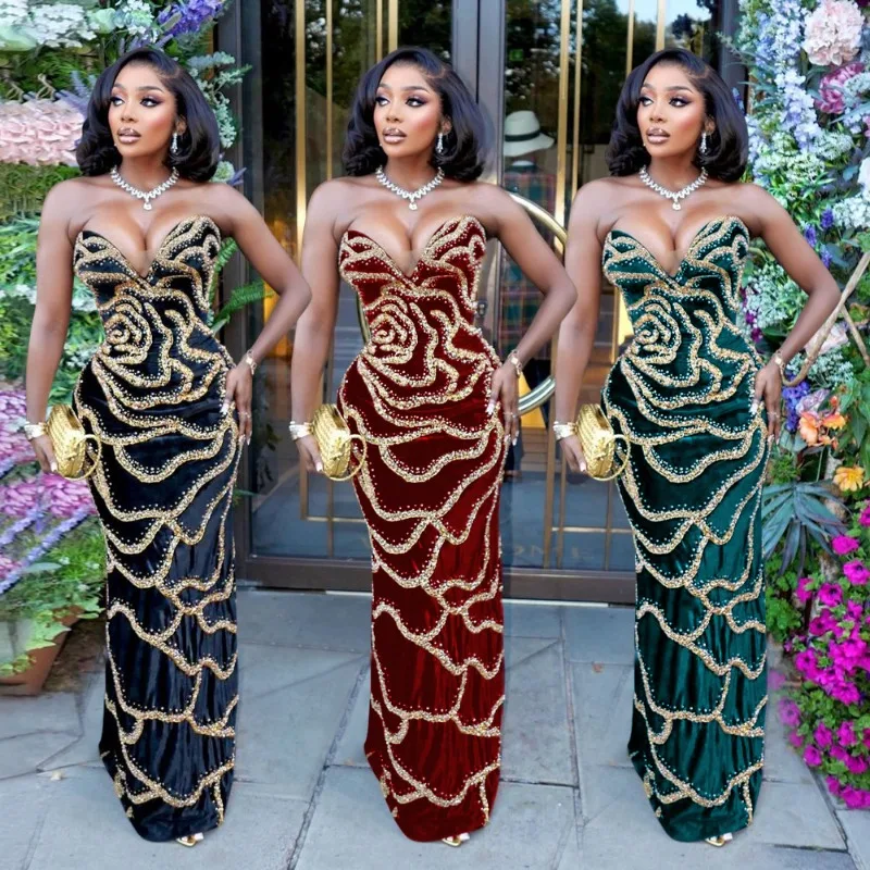 Dress Evening Gown Women's Seductive V-neck Strapless Sequin Floral Comfortable Minimalist Fashionable Niche Versatile Elegant