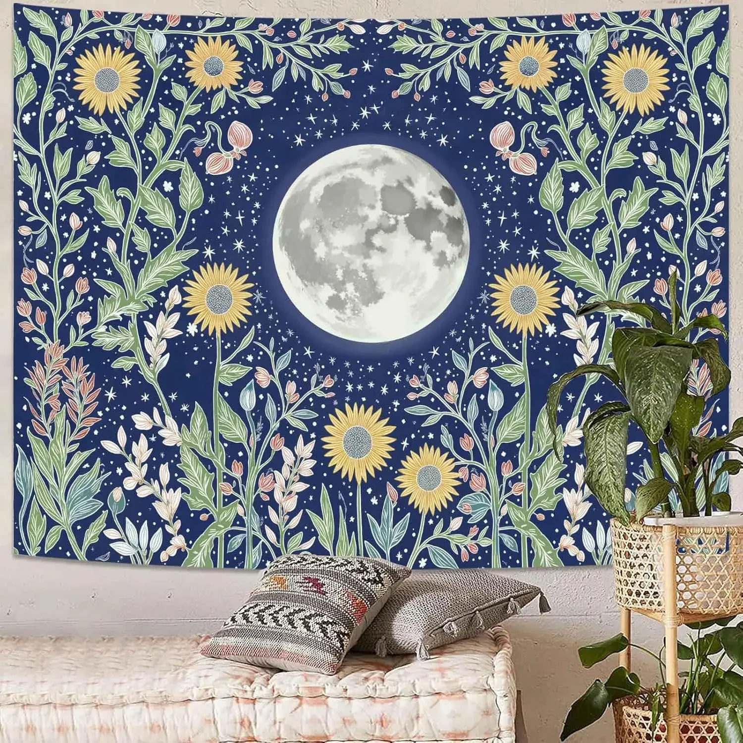 Moon and Sunflower Tapestry, Dark Blue Starry Night with Floral Vines Print Wall Hanging, Ideal For Bedroom & Boho Living Room