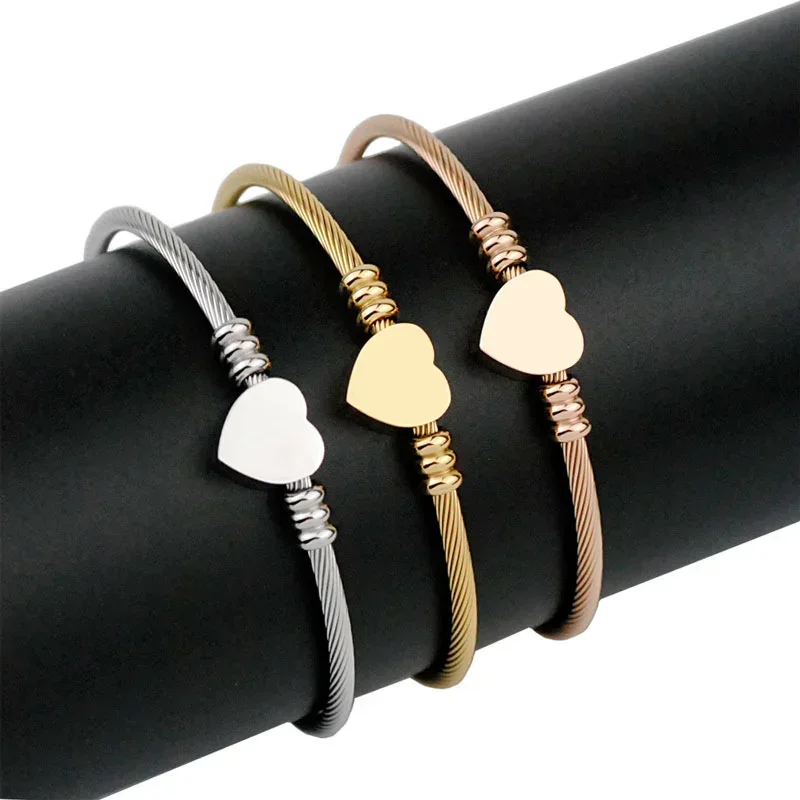 European Cross-border Stainless Steel Love Shaped Adjustable Wire Bracelet Three-color Titanium Steel Open Bracelets Jewelry