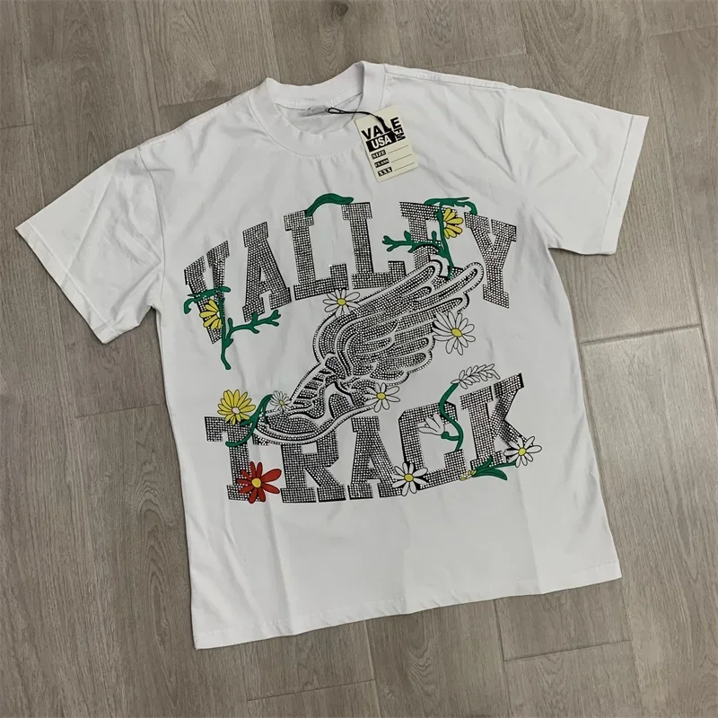 

VALLEY White Short Sleeve American Casual Pure Cotton Vale Hot Diamond Letter Logo T-Shirts