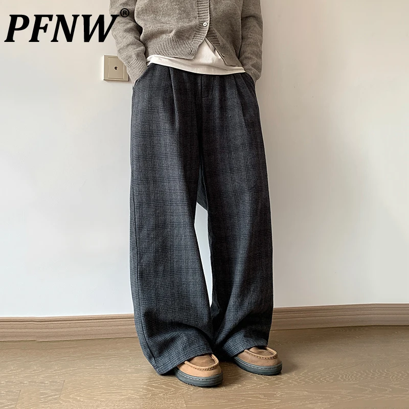 PFNW Menswear Vintage Woolen Plaid Casual Long Pants For Men Korean Trendy Loose Fit Wide Leg Pants Autumn Winter New 12C1561