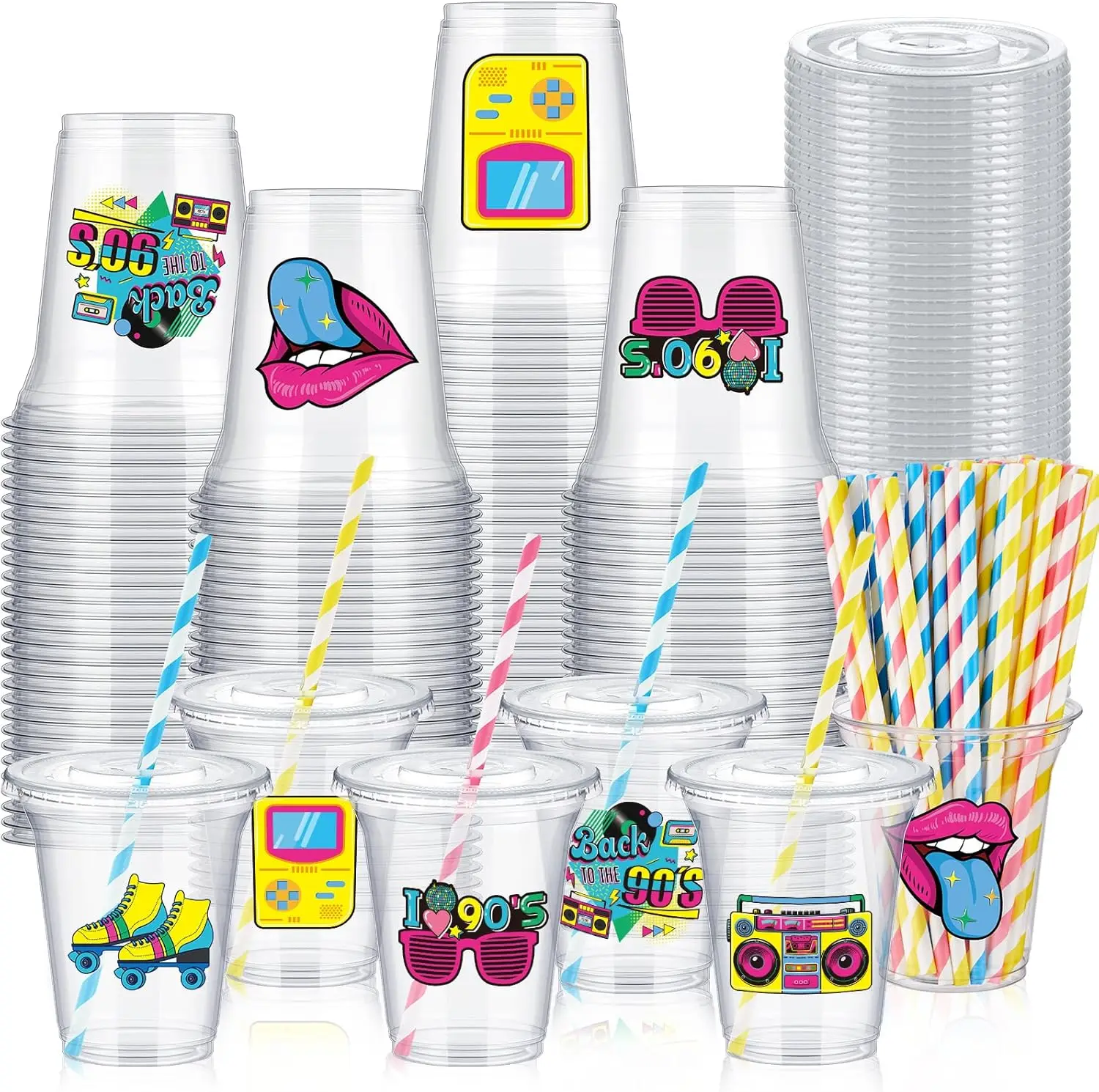 

60 Sets 90's Party Plastic Cups Bulk 14 oz 90s Disco Dance Party Favor Supplies Ice Coffee Plastic Colorful Cups Bulk wi