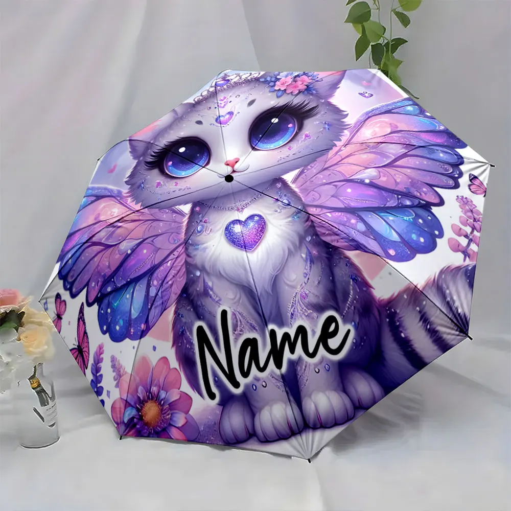 Custom Name  Whimsical Cat Umbrella with Colorful Wings Design Print 8 Iron Ribs Folding Umbrella Auto-Open Fashion Sunshade