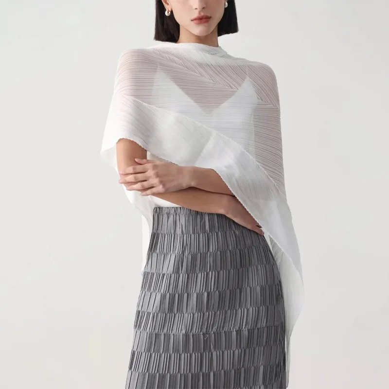 Miyake bufanda plisada de viento bufanda de seda de Color sólido chal sección delgada 2025 otoño nueva moda Peplum ropa de mujer