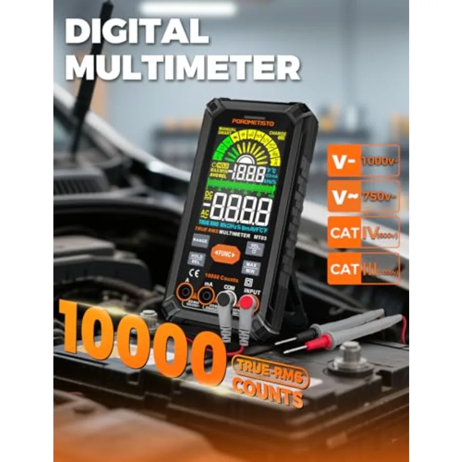 HVAC automotive use, ABS plastic, black, auto-ranging 10000-count true-RMS smart digital multimeter with rechargeable battery,