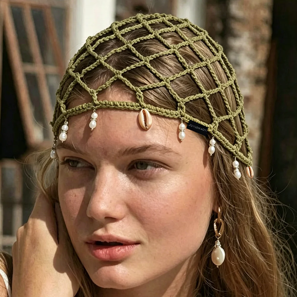 Handmade Crochet Hat Women's Fashion Shell Hollow Knitted Hat Pearl Tassel Pullover Hat Skull Hat Cotton Mesh Baotou Hat