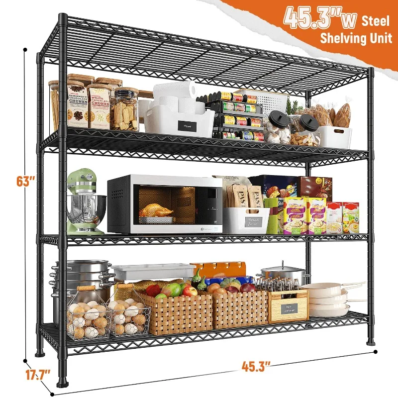 Storage Shelves 45.3''W Wire Shelving Unit 4 Tier Metal Shelves For Storage Rack Metal Shelving For Pantry Shelves Kitchen Steel Shelving, 45.3''W*63''H*17.7
