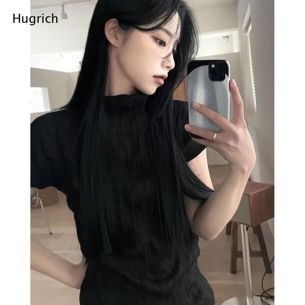 Mock Neck Short Sleeve Pleated Textured Top Slim Fit Casual Tee with Gathered Fabric for Women