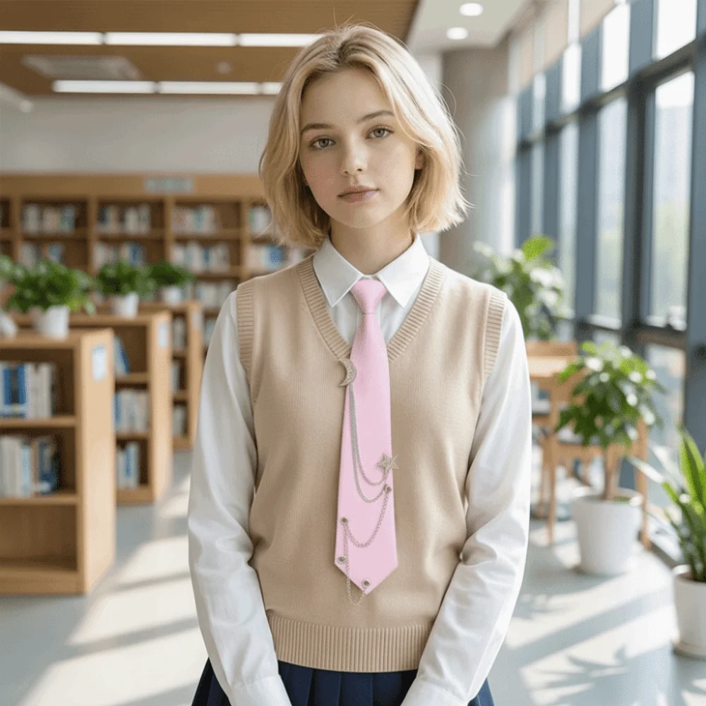Trendy Vintage Style Pre Tied Necktie Adjustable Vintage Women's Necktie Star Chain JK Uniform Tie School Uniform Shirt