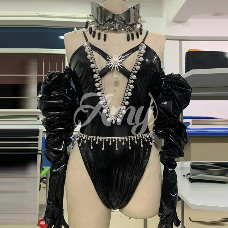 블랙 PU 가죽 슈트 섹시 바 나이트클럽 댄스 의상 컷아웃 가죽 가수 바디수트 여성 무대 공연 의상 레이브웨어