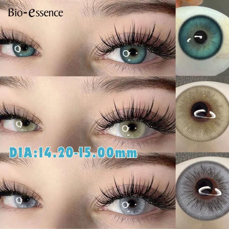 Bio-essence 1Pair Green Color Blue Contacts with Myopia Large Diameter Big Eyes Brown Lens Makeup Eyes Gray Cosmetic Pupils