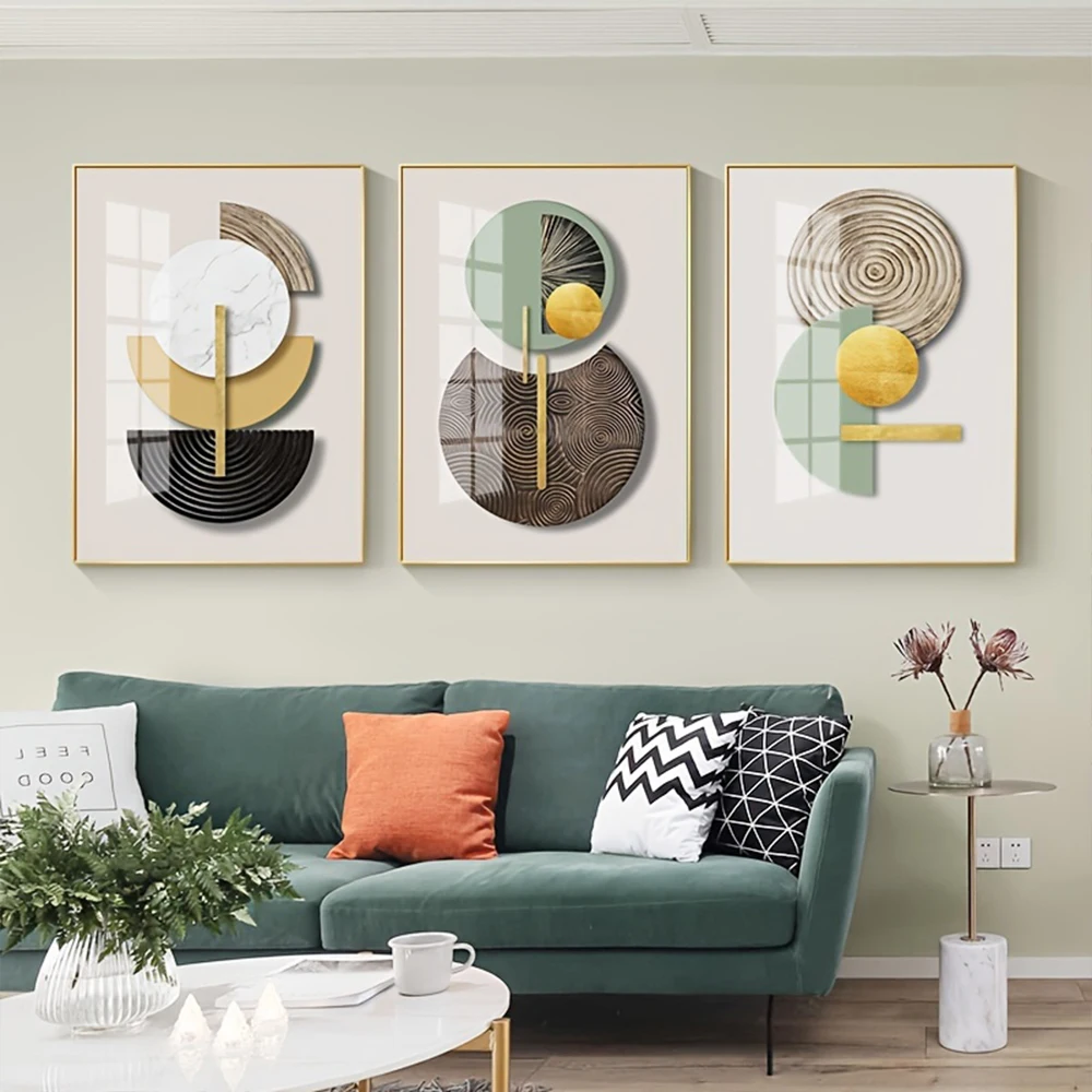 3PCS Frameless Golden Green Abstract Circle Geometric Art Canvas Painting Poster and Print Mural Wall Picture Modern Home Decor