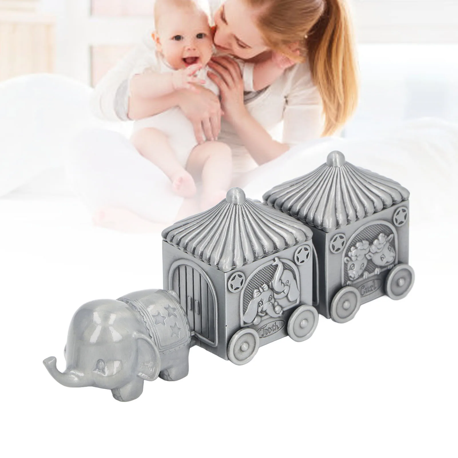 Baby Teeth Organizer Elephant Carriage Keepsake Box Metal Collection Container For Shower Newborn Birthday Gift