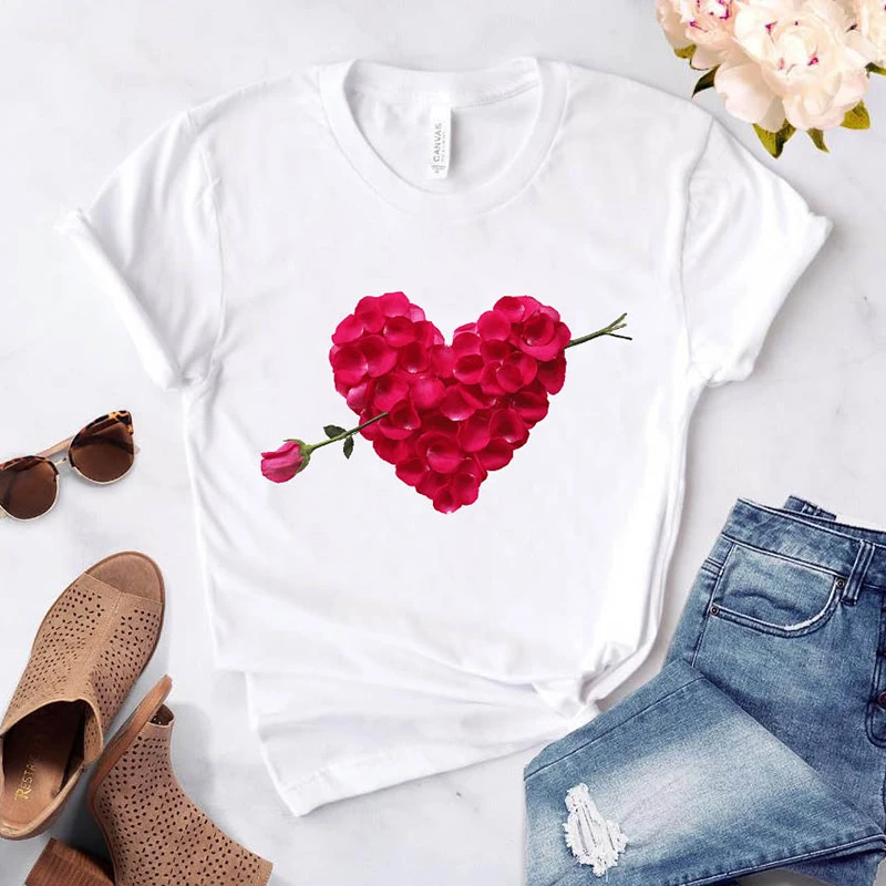 T-Shirt da donna con stampa floreale a cuore maglietta da donna Casual con colletto tondo maglietta con stampa grafica Love T-Shirt bianca manica corta