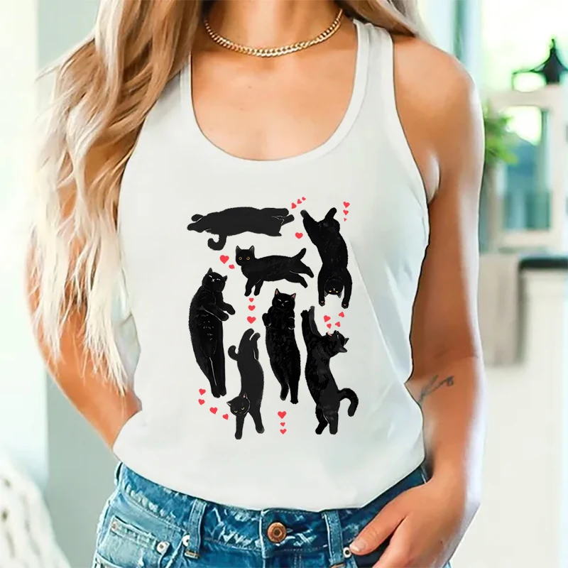 Cute Kittens Valentine Sexy Tops Fashion Woman Racerback Tank Top Valentine Black Cat Lover Gift Cat Mom Holiday Fashion Tanks