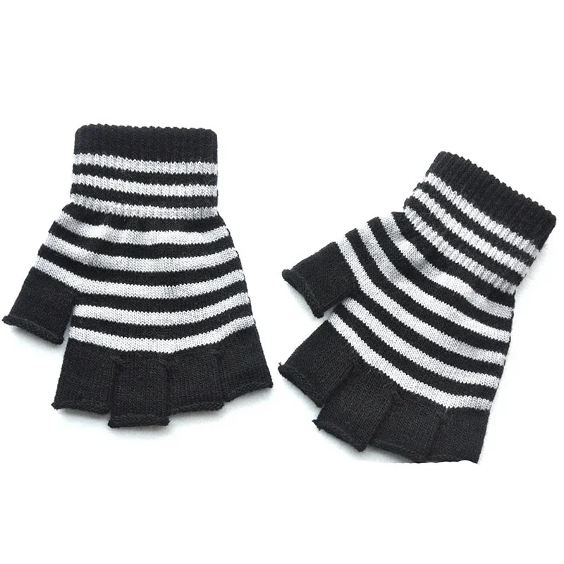 1Pair Black Red Stripe Half Finger Fingerless Gloves for Women Men Knit Wrist Winter Warm Outdoor Gothic Lolita Style Mittens