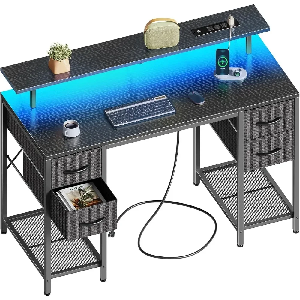 Computer Desk with 4 Drawers, Gaming Desk with LED Lights & Power Outlets, Large Storage Space Home Office Desk