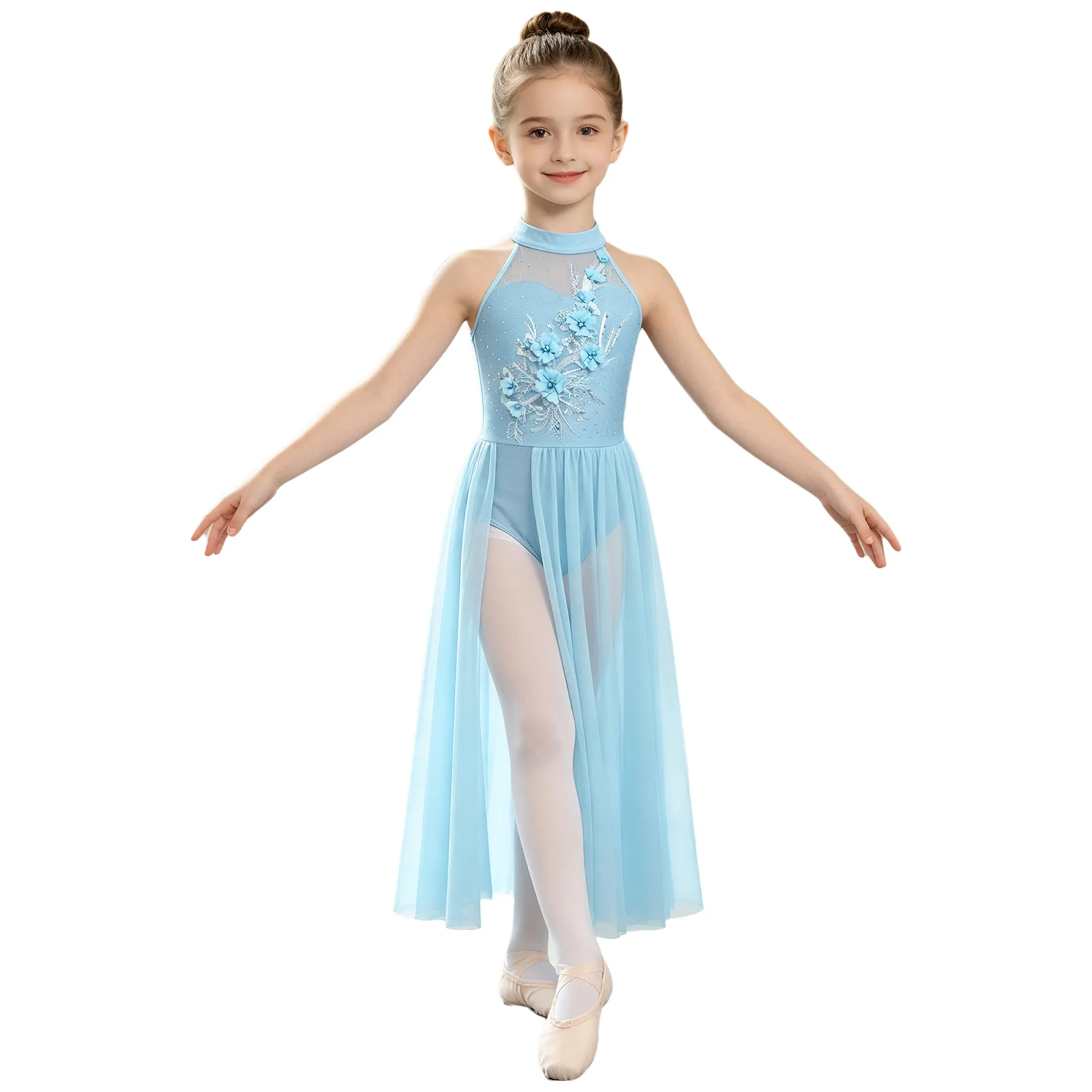 Girls Lyrical Contemporary Dance Dress Ballet Skating Rhythmic Gymnastics Costume Sleeveless Applique Bodice Split Mesh Leotard