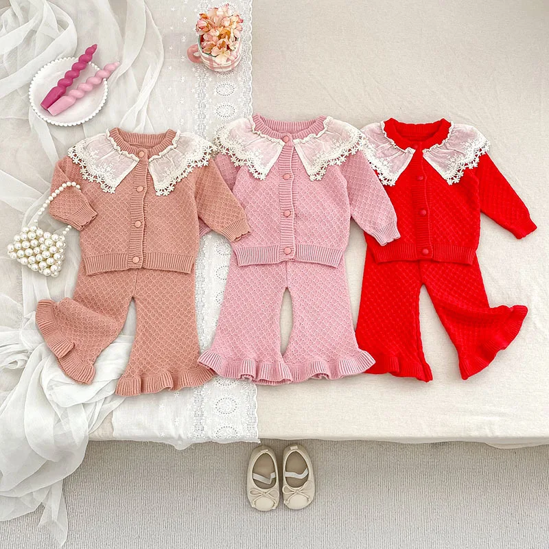 

Autumn Girls Knitted Suit Infant Clothing Sets Long Sleeved Lace Style Cardigan Sweater+Pant Spring Baby Newborn Clothes Outfits