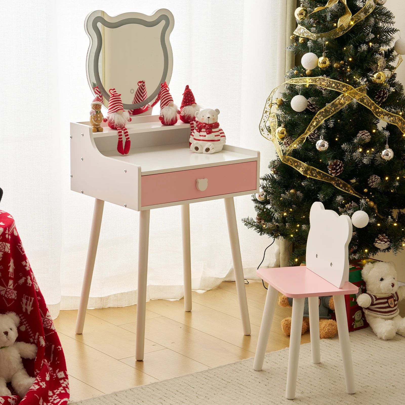 Juego de mesa y sillas de tocador para niños, tocador para niñas con espejo y luces LED de 3 colores, 1 cajón grande y estante de almacenamiento