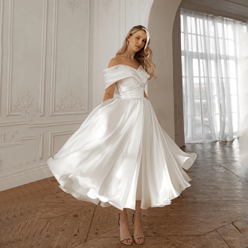 

Off Shoulder Midi Wedding Dress Satin A-Line Ankle Length Ivory Bride Party Gowns Customized Corset Simple Vestidos De Novia