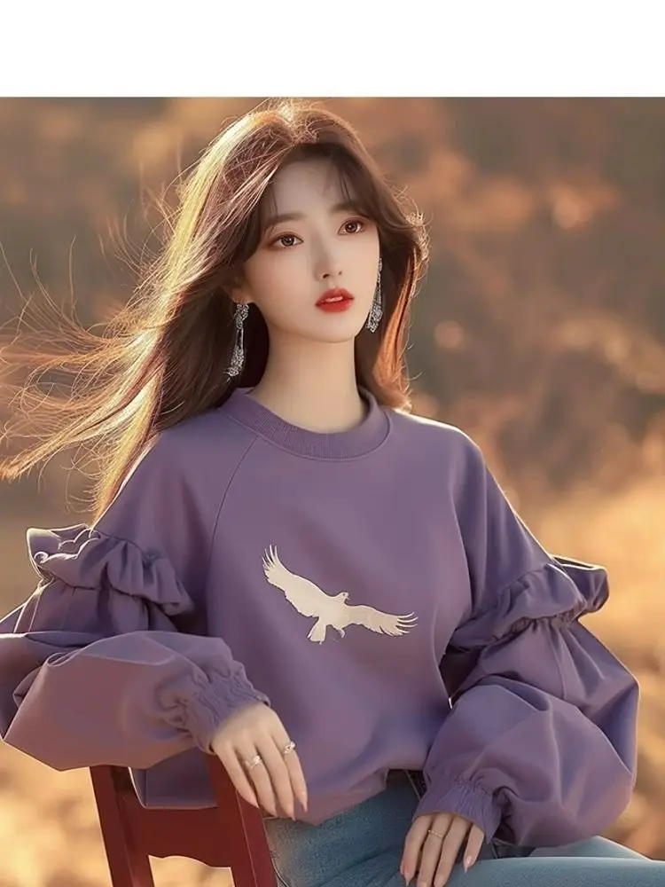 여성 인쇄 운동복 긴 프릴 슬리브 보라색 느슨한 풀오버 가을 새로운 패션 캐주얼상의