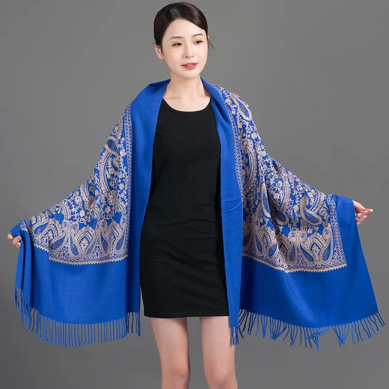 

НОВЫЙ брендовый шарф с вышивкой, элегантный женский зимний толстый теплый шарф из пашмины с бахромой и пейсли, женское одеяло, мягкая шаль