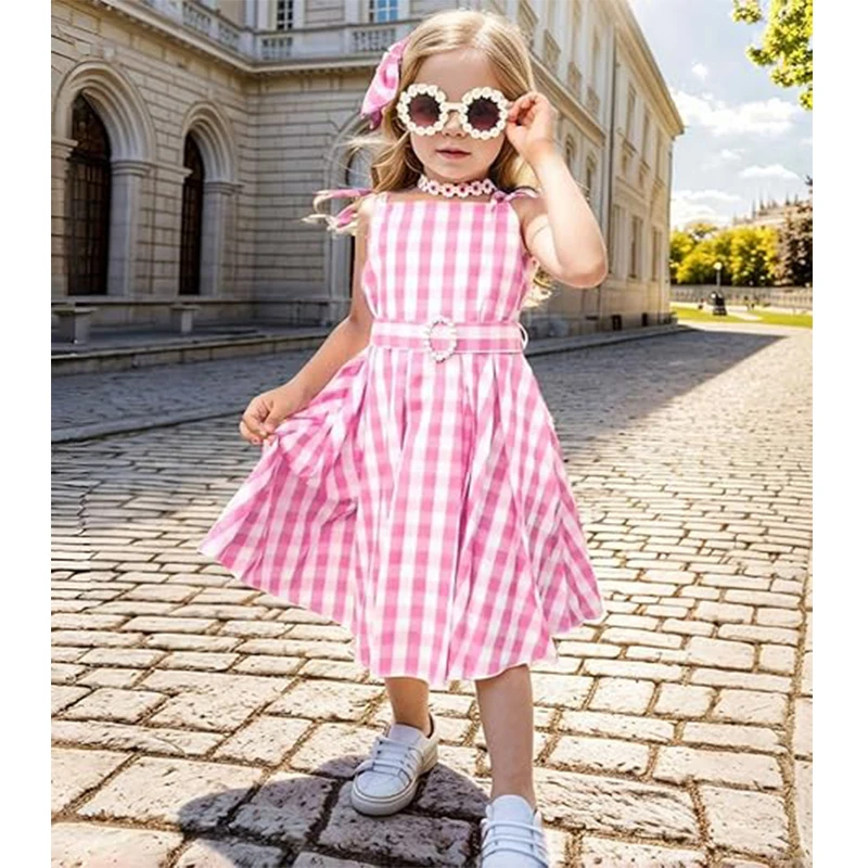 Halloween Costume Girl Pink Plaid	Princess Dress Girls Movies Dress+Bow Clip 2pcs Cosplay Dress Birthday Carnival Party Gowns