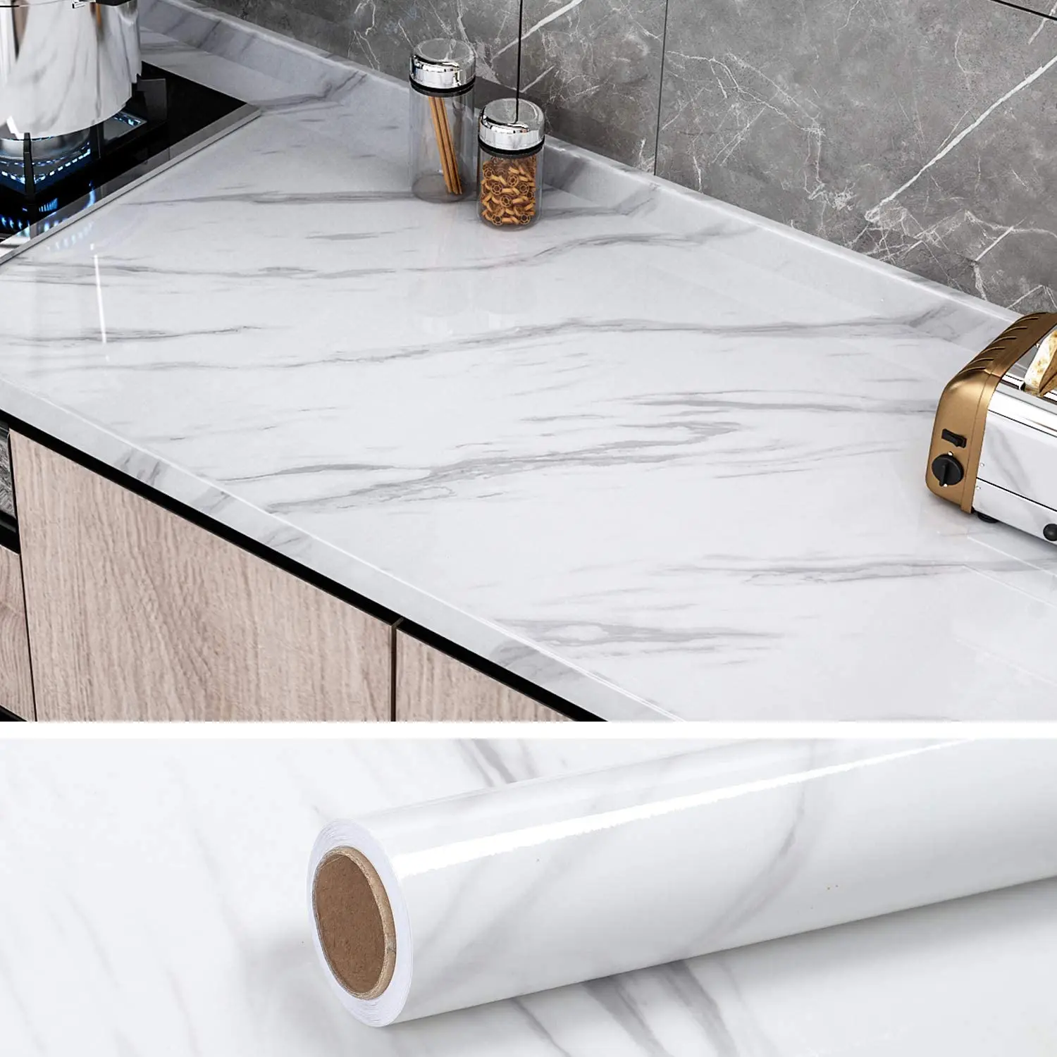 60/80cm Width Marble Wallpaper Contact Paper Waterproof Oil-proof Wall Stickers PVC Self Adhesive Kitchen Countertop Home Design