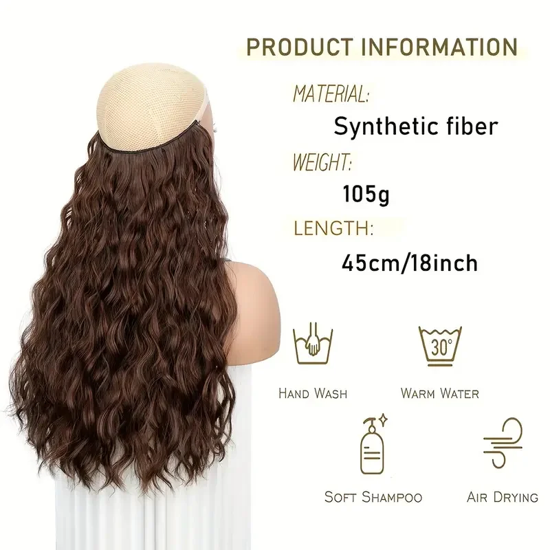 18Inch Synthetic Fishing Line Hair Extension Black Blonde One Piece Long Wave Curly Invisible Fake Hairpiece for Women