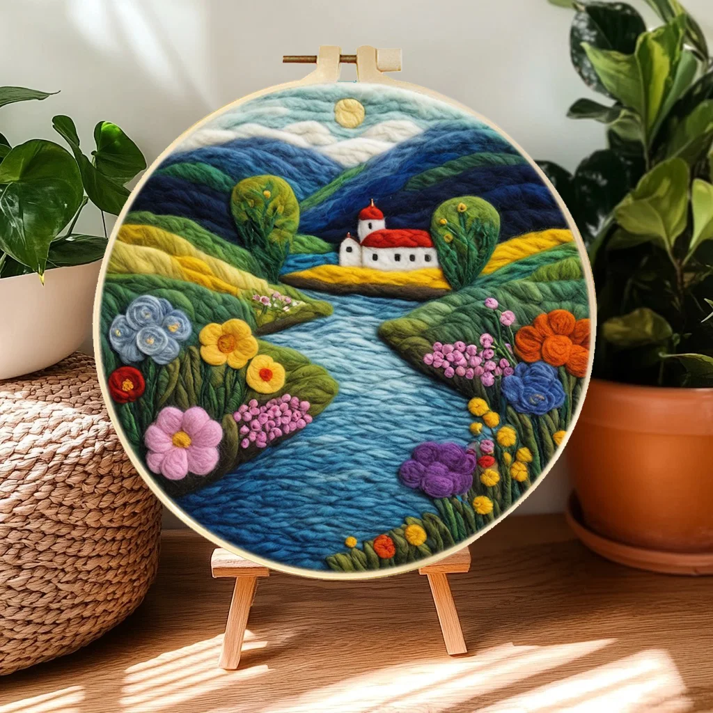 

Flower River Needle Felt Starter Kits For Adults Diy Wool Felting Painting Beginners Kit Embroidery Frame Wool Needlework Crafts