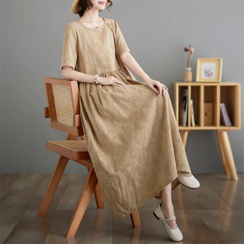 Rétro Floral Coton Lin Or Sve Dr Femmes Été Grande Taille Lâche Viande Couvrant Minceur Jupe Longue Coréenne Sle A-Line...