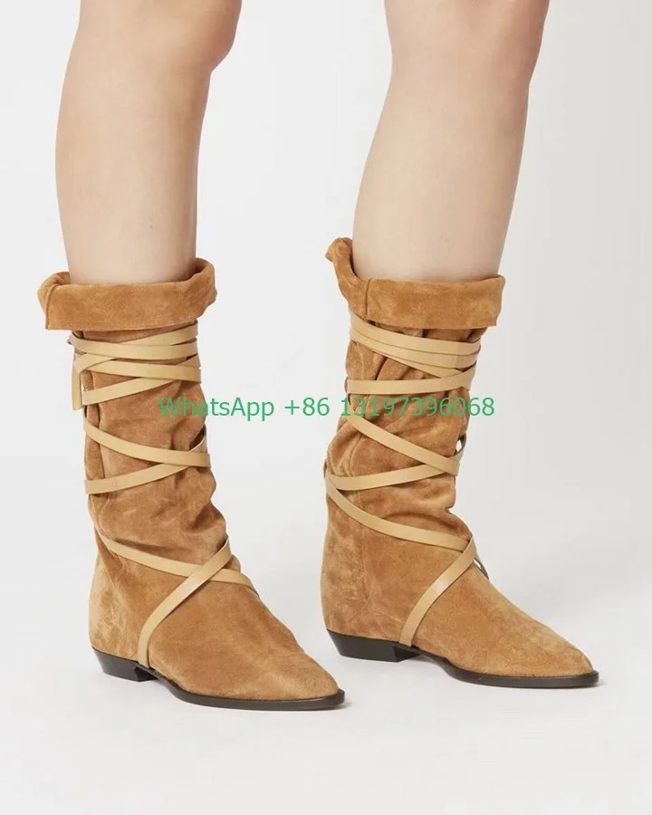 Lady suede flat knee cowboy boots lace-up design brown color boots  summer fall T show calf shoes daily dress footwear size 43