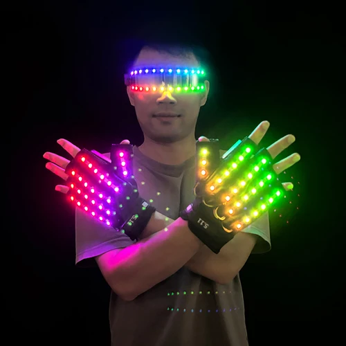 Imagen 2 del producto Gafas y guantes luminosos electrónicos con control remoto, guantes intermitentes geniales para hombre y mujer, suministros de baile para actuación navideña