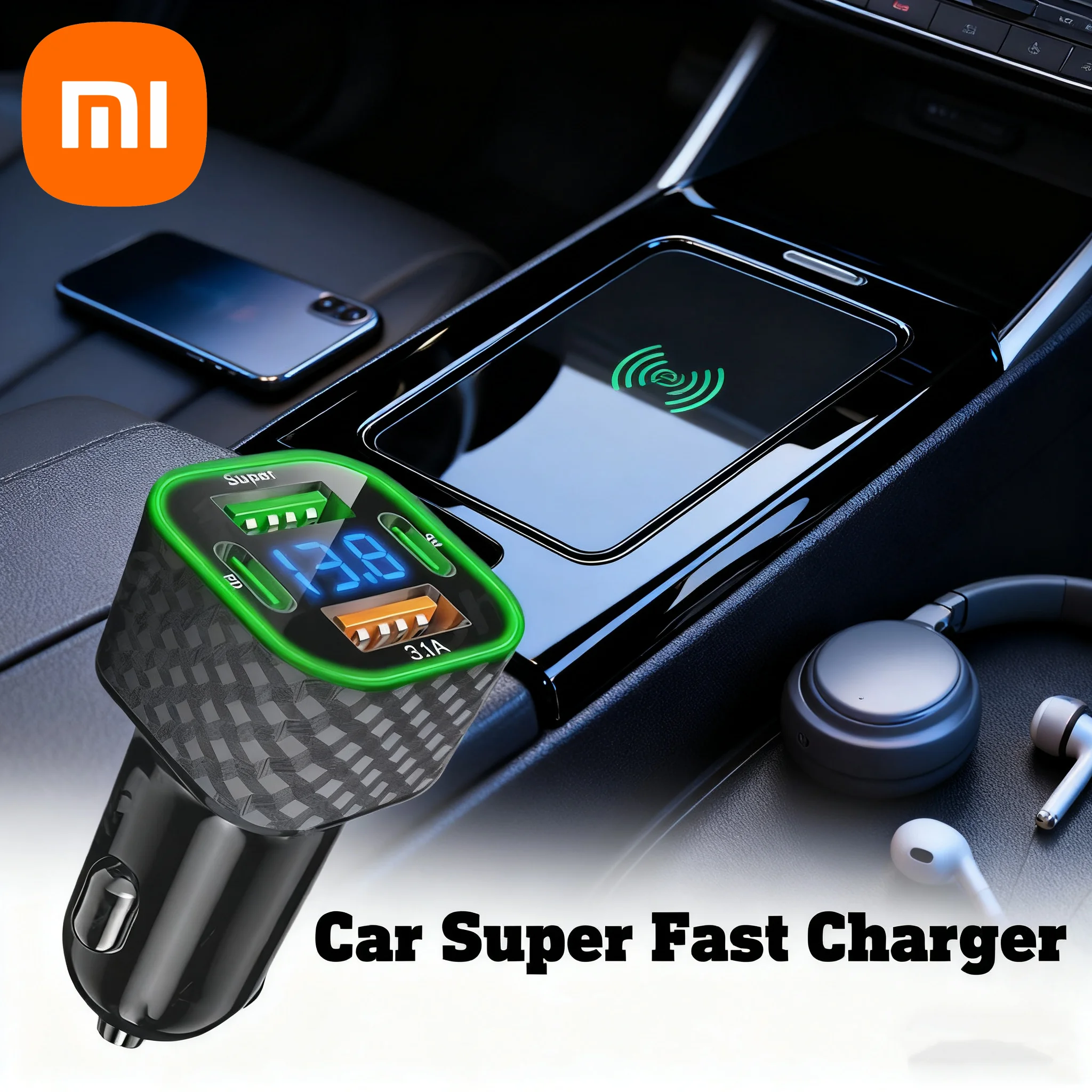 شاحن هاتف السيارة Xiaomi 380W Dual PD 4 in 1 USB C مع شاشة عرض الجهد ومحول شحن سريع للغاية لهاتف iPhone Oppo Vivo Samsung
