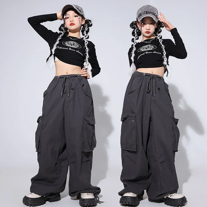 New Hip Hop Girls Black Crop Top Baggy Pants Street Dance Clothes Sets Fashion Sweatshirt Group Streetwear Stage Show Costumes