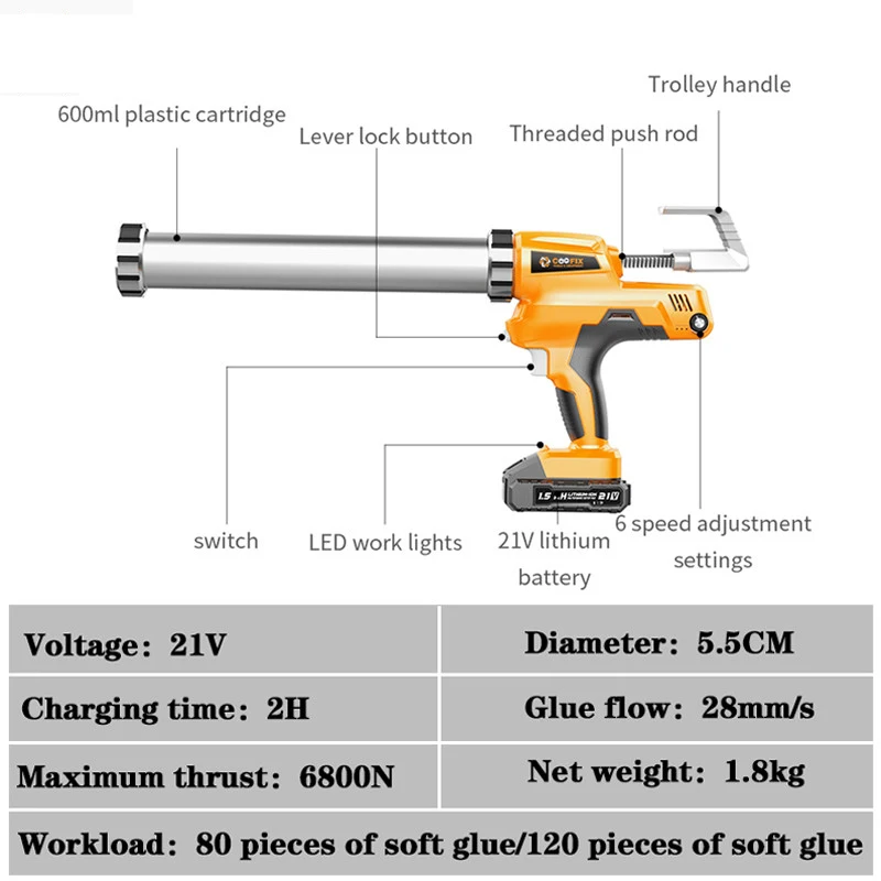 21V Automatic Multi-function Wireless Caulking Gun Sealant Heat Hot Melt Lithium Glue Gun Construction Caulking DIY Tool 600ML