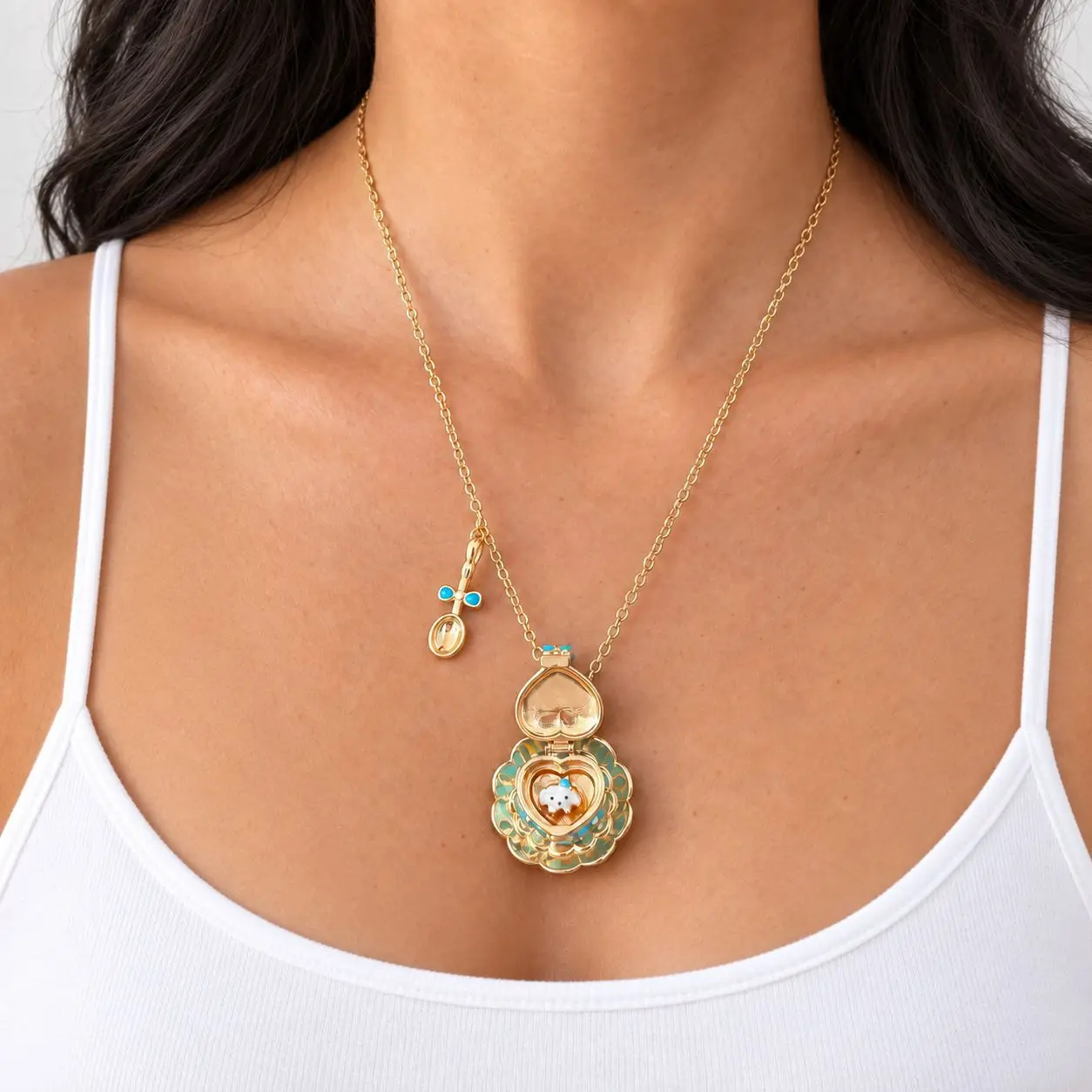 Cute Openable Cake Jewelry Set Enamel Locket Necklace Rings Sweet Cartoon Hollow‑Out Gold Plated Pendant Jewelry Gift for Girls