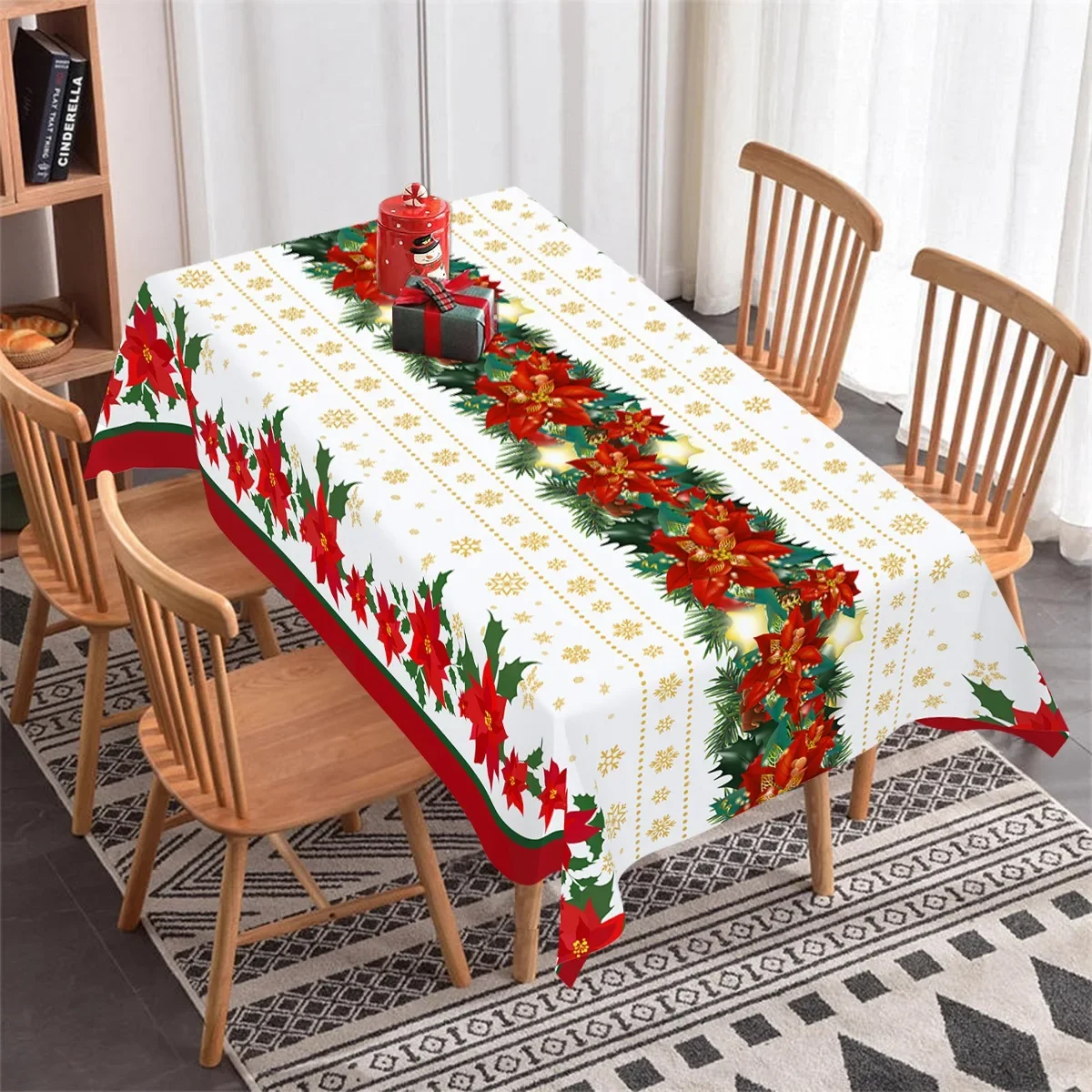 Christmas Tablecloth Holly Xmas Flower Table Cover Christmas Decorations for Home Deco 2024 Navidad Noel Gift Dining Table Decor