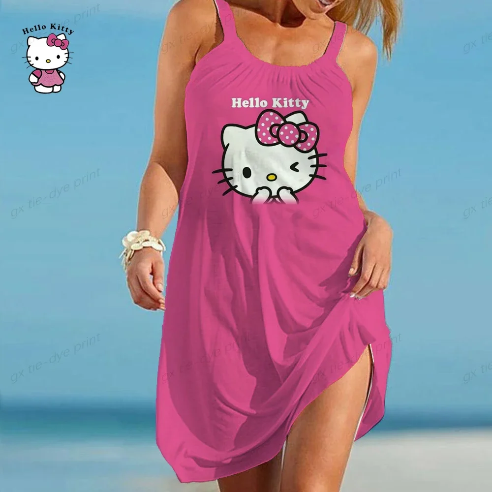 Dames Zomer Mouwloze Ronde Hals Effen T-Shirt Jurk Hallo Kitty Print Geplooide Swing Casual Losse Pullover Streetwear