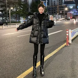 Korean Women Glossy Down Coats Oversize Black Winter Coat 2024 New Cotton Jacket Loose Hooded Parker Warm Female Casual Outwear
