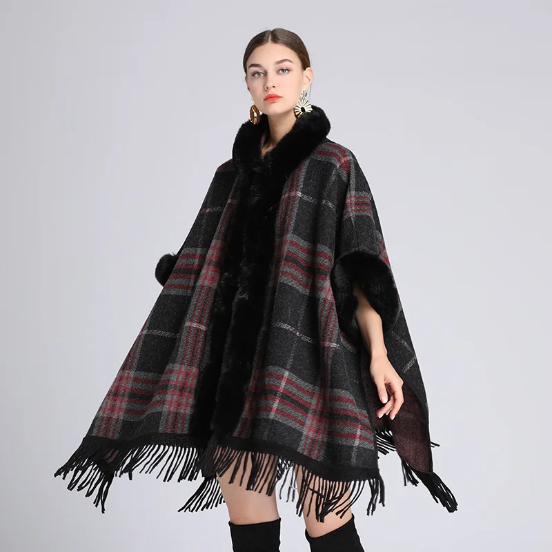 4 Colors Women Winter Thick England Plaid Printed Poncho Tassel Outstreet Wear Cloak With Hat Faux Rabbit Fur Collar Long Coat