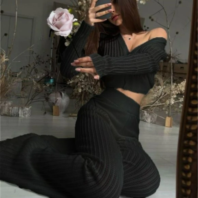 2026 여성 캐주얼 솔리드 컬러 홀로우 하이웨이스트 바지 봄 신상 니트 정장 출퇴근 정장 편안한 세트