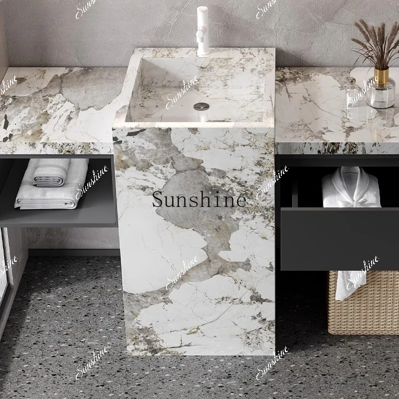 Rock slab column integrated seamless ceramic basin custom bathroom cabinet floor type TF