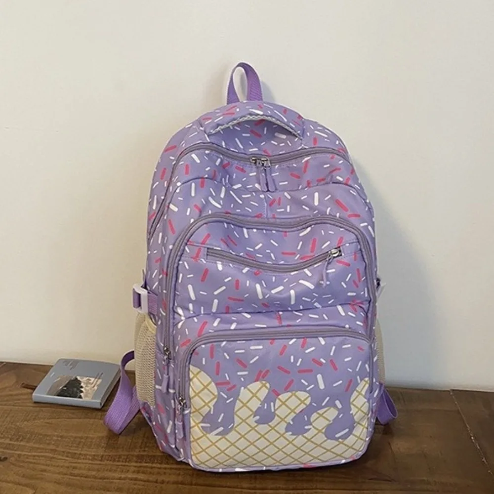 Oxford Fabric Ice Cream Printed Backpack Set with Pencil Case Large Capacity Bookbag with Crossbody Bag Lightweight School Bag
